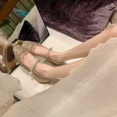 Women Rhinestone Mesh Mary Jane Flats Square Toe Satin Pearl Dress Shoes Champagne Gold Elegant Comfortable Flat Shoes Wedding