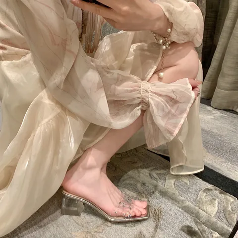 Mules Sexys de Mujer con Diamantes de Imitación y Tacón Ancho Transparente Sandalias de Tacón Alto con Punta Cuadrada