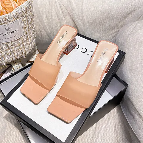Sandali a Ciabatta da Donna Punta Quadrata Tacco a Blocchi Trasparente PVC Strass Mules Tacco Medio Scarpe Moda Estive