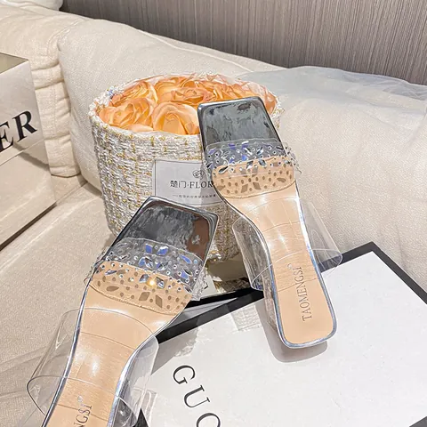 Women's Fashion Square Toe Rhinestone Transparent PVC Chunky Heel Sandals Elegant Clear Strap Slippers For Party Dating