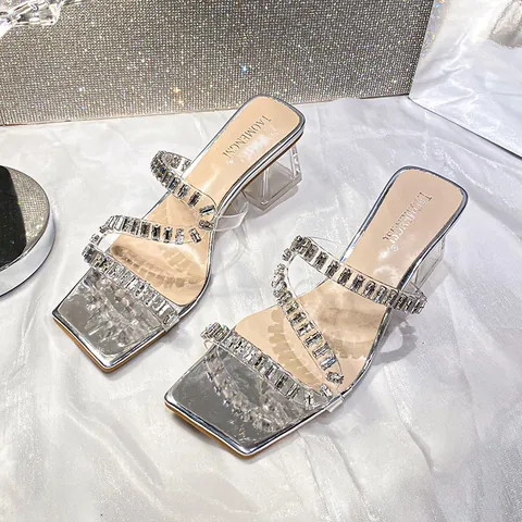 Women Fashion Square Toe Rhinestone Transparent Chunky Heel Slippers Microfiber PVC Elegant High Heel Sandals Summer Party Shoes