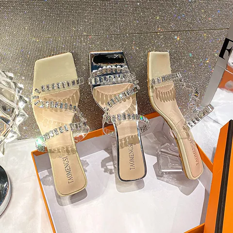 Women Fashion Square Toe Rhinestone Transparent Chunky Heel Slippers Microfiber PVC Elegant High Heel Sandals Summer Party Shoes
