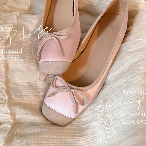 French Style Sheepskin Ballet Flats For Women Square Toe Ribbon Bow Low Heel Color Block Slip On Daily Elegant Single Shoes