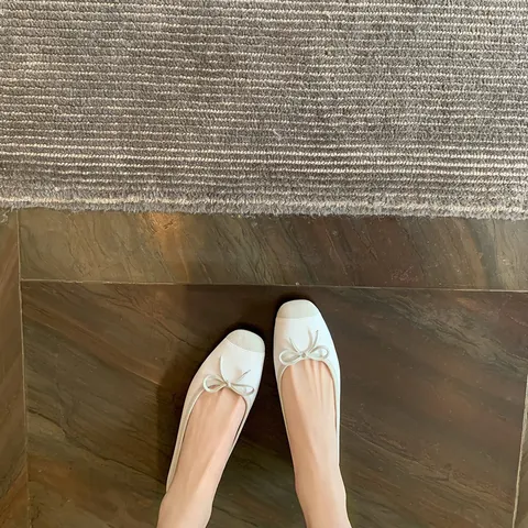 French Style Sheepskin Ballet Flats For Women Square Toe Ribbon Bow Low Heel Color Block Slip On Daily Elegant Single Shoes