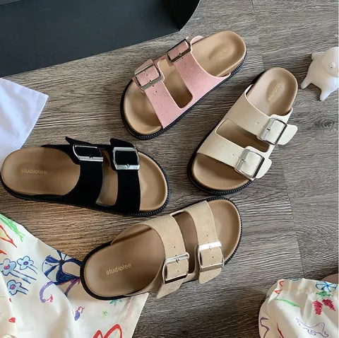 Sandales à Plateforme à Double Boucle pour Femmes Mules en Cuir Bout Rond Chaussons de Plage Chaussures d'Été Décontractées