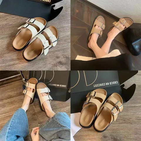 Sandales à Plateforme à Double Boucle pour Femmes Mules en Cuir Bout Rond Chaussons de Plage Chaussures d'Été Décontractées