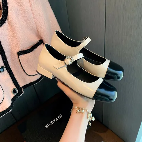 Women Vintage Mary Jane Flats Rhinestone Buckle Two-Tone Microfiber Leather Round Toe Comfort Slip-on Low Heel Dress Shoes