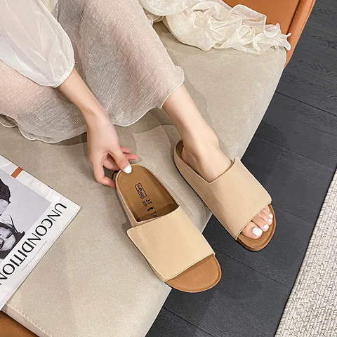 Women Casual Cowhide Leather Slides Minimalist Round Toe Flat Sandals Soft Sole Outdoor Summer Slippers Korean Fashion Footwear