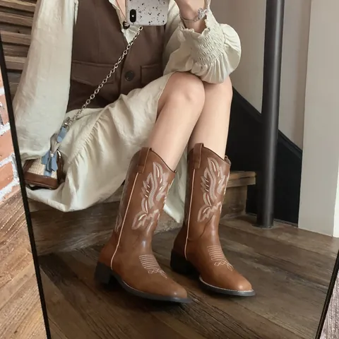 Women's Western Cowboy Ankle Boots Retro Brown Square Toe Block Heel Embroidered Knight Boots Microfiber Leather Footwear