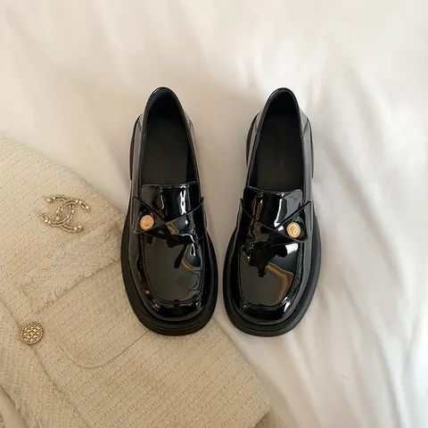 Mocasines de Charol Vintage para Mujer Con Hebilla de Metal de Moneda de Oro Plataforma Tacón Medio Zapatos Slip-On Casuales