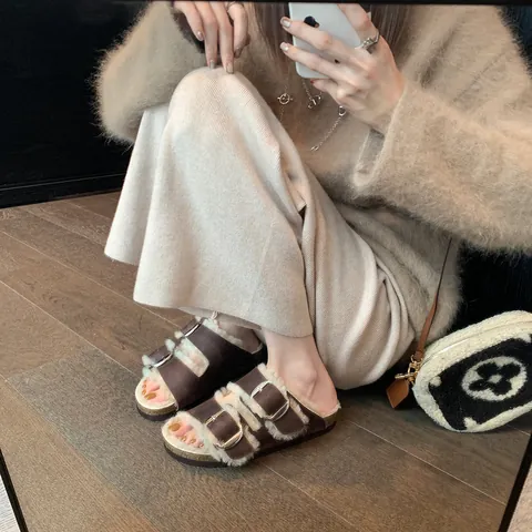Retro Double Buckle Fleece Lined Thick Sole Birken Style Slippers Warm Faux Wool Mules For Women Outerwear Shoes