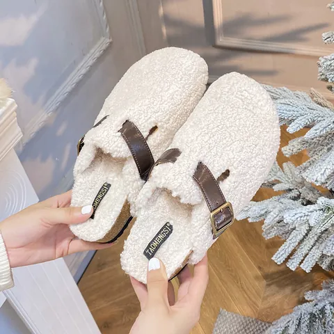 Women's Retro Faux Shearling Clogs Mules With Buckle Strap Warm Plush Lining Cork Sole Casual Winter Slippers