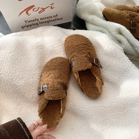 Women Vintage Sherpa Clogs Winter Warm Thick Platform Mules Faux Lamb Wool Slippers With Buckle Strap Round Toe Casual Shoes