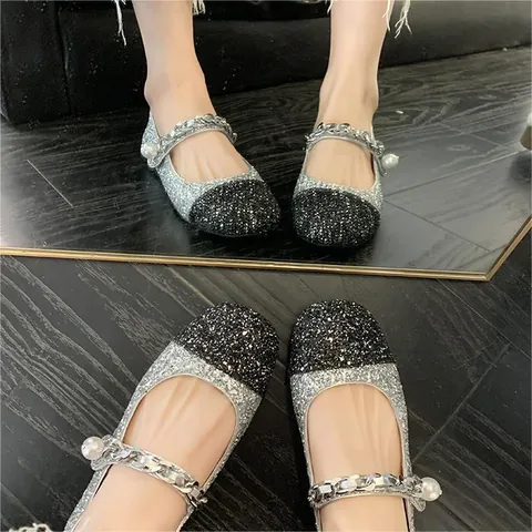 Women Mary Jane Shoes Pearl Metal Chain Decoration Color Block Patchwork Round Toe Microfiber Patent Leather Glitter Flats Elegant Shoes