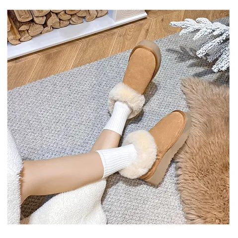 Women Fashion Snow Boots Thick Sole Warm Faux Fur Lining Platform Cowhide Leather Low Top Slip On Winter Casual Shoes