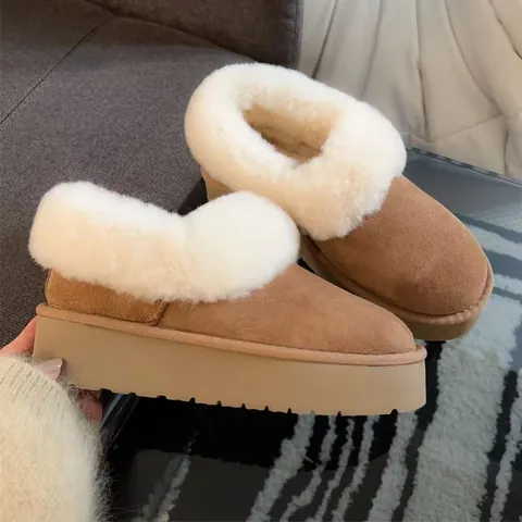 Women Winter Snow Boots Cowhide Genuine Leather Platform Faux Fur Lined Warm Low Top Flat Shoes Chestnut Casual Outdoor