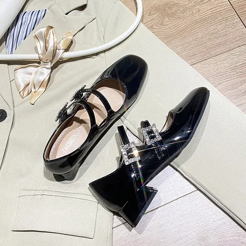 Women's Retro Patent Leather Mary Jane Shoes Rhinestone Square Buckle Chunky Heel Double Strap Elegant Party Dress Shoes