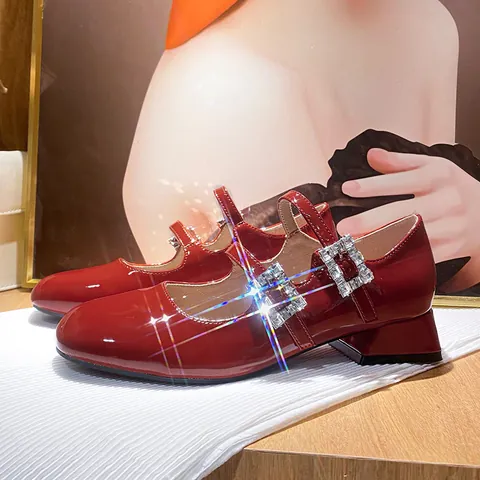 Women's Retro Patent Leather Mary Jane Shoes Rhinestone Square Buckle Chunky Heel Double Strap Elegant Party Dress Shoes