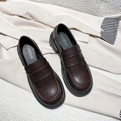 Mocasines con Plataforma de Microfibra con Efecto Charol para Mujer Estilo Británico Retro Punta Redonda con Recorte de Estrella