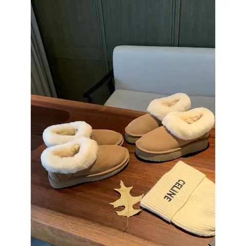 Women's Real Leather Snow Boots Warm Plush Faux Fur Lined Slip On Platform Winter Shoes Chestnut Low Top Outdoor Walking