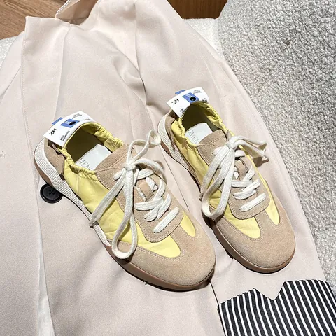 Women's Genuine Leather German Trainer Sneakers Vintage Color Block Casual Lace Up Low Top Shoes Flat Rubber Sole Retro Flats