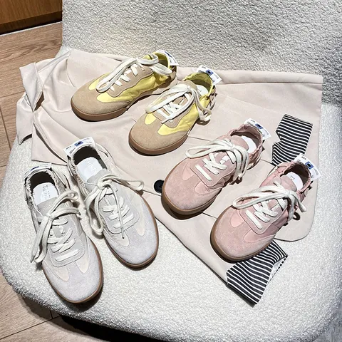 Women's Genuine Leather German Trainer Sneakers Vintage Color Block Casual Lace Up Low Top Shoes Flat Rubber Sole Retro Flats