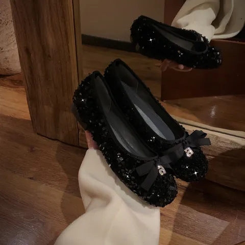 Women's Sequin Bow Mary Jane Shoes Glitter Ballet Flats Rhinestone Buckle Square Toe Low Heel Daily Party Dress Shoes