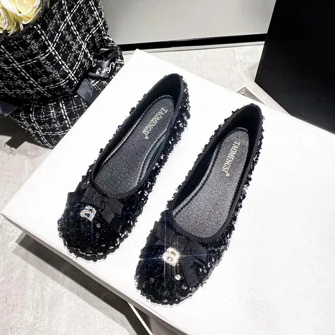 Women's Elegant Sequin Ballet Flats Bow Loafers Square Toe Sparkly Rhinestone Slip-On Flat Shoes For Daily Party Black Silver