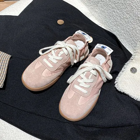 Women Casual Genuine Leather Sneakers Retro German Trainer Style Anti-Slip Splicing Lace-up Round Toe Flat Shoes For Daily Walking