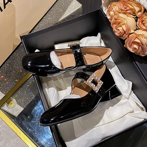 Women Patent Leather Mary Jane Shoes Rhinestone Square Buckle Low Chunky Heel Square Toe Retro French Style Dress Shoes