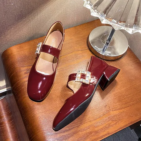 Women Patent Leather Mary Jane Shoes Rhinestone Square Buckle Low Chunky Heel Square Toe Retro French Style Dress Shoes