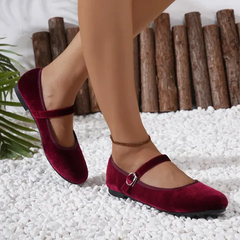 Women's Vintage Velvet Mary Jane Flat Shoes Round Toe Buckle Strap Leopard Print Wine Red Blue Casual Ballet Walking Flats