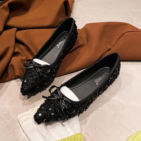 Women Sequined Pointed Toe Ballet Flats Elegant Bowknot Microfiber Flat Shoes Comfortable Soft Sole Daily Party Wear