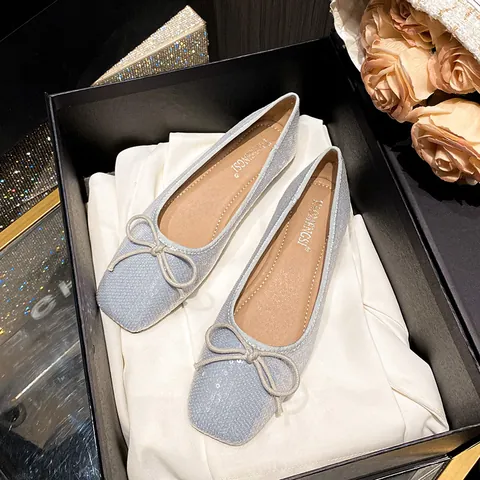 Women Square Toe Sequin Ballet Flats Comfortable Slip On Bow Flat Shoes Shiny Microfiber Party Dress Single Shoes