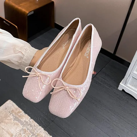 Women Square Toe Sequin Ballet Flats Comfortable Slip On Bow Flat Shoes Shiny Microfiber Party Dress Single Shoes