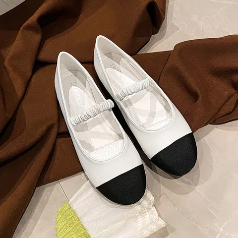 Women's Classic Color Block Mary Jane Flats Microfiber Leather Round Toe Comfort Walking Shoes With Scrunchie Strap