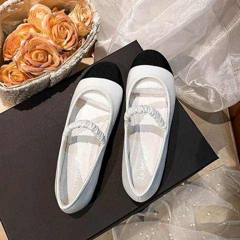 Women's Classic Color Block Mary Jane Flats Microfiber Leather Round Toe Comfort Walking Shoes With Scrunchie Strap