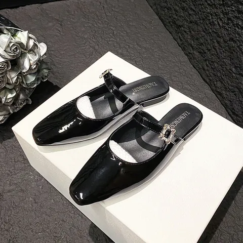 French Square Toe Mules Rhinestone Buckle Flat Sandals For Women Microfiber Leather Commute Style Casual Mules