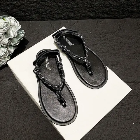 Women Flat Thong Sandals Rhinestone Woven Rope Knot Flip Flops Casual Summer Beach Shoes Adjustable Hook-and-loop Sandal