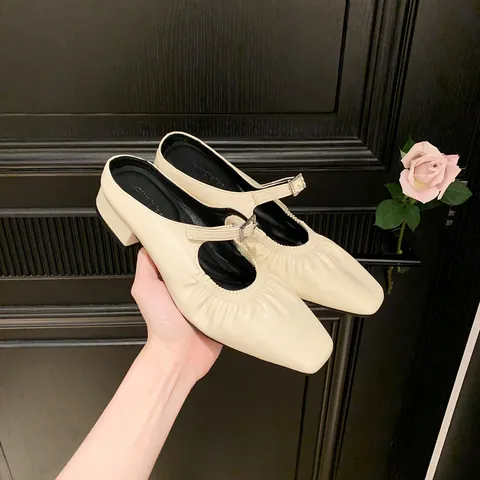 Women French Pleated Mary Jane Mules Rhinestone Buckle Square Toe Low Block Heel Slip On Microfiber Leather Shoes