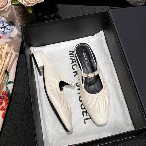 Women's Ruched Square Toe Muller Shoes Fashion Chunky Low Heel Slip On Mary Jane Slides Microfiber Leather Buckle Loafers