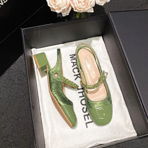 Zapatos Mary Jane para Mujer Retro Tacón de Bloque Punta Cuadrada Cuero Charol Satén Encaje Sandalias Slingback Perla Artificial Cadena