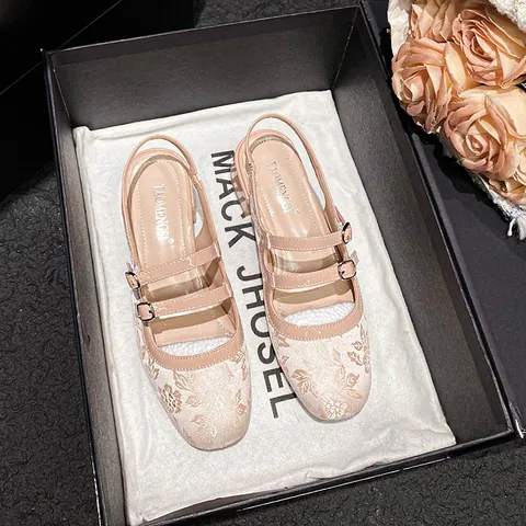 Women Vintage Mary Jane Shoes Satin Floral Jacquard Block Heel Double Strap Metal Buckle Square Toe Elegant Party Shoes