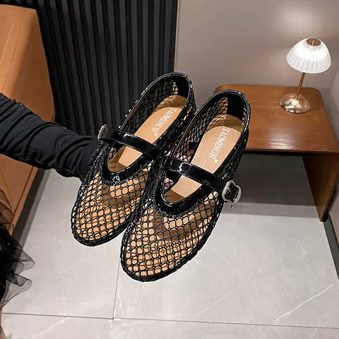 Women Mesh Mary Jane Flat Shoes Breathable Hollow Out Ballet Flats With Adjustable Buckle Strap Patent Leather Trim Casual Shoes