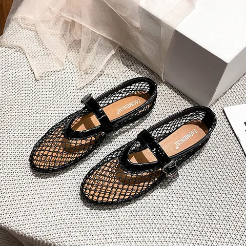 Women's Breathable Mesh Mary Jane Flats Round Toe Patent Leather Trim Buckle Strap Casual Walking Shoes For Women