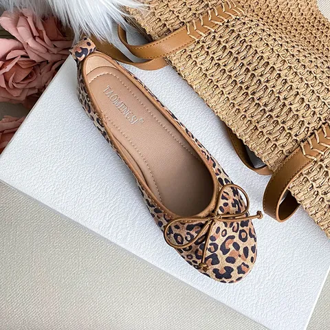 Women Leopard Print Ballet Flats Round Toe Bowknot Microfiber Low Heel Slip On Casual Single Shoes Elegant Fashion Footwear