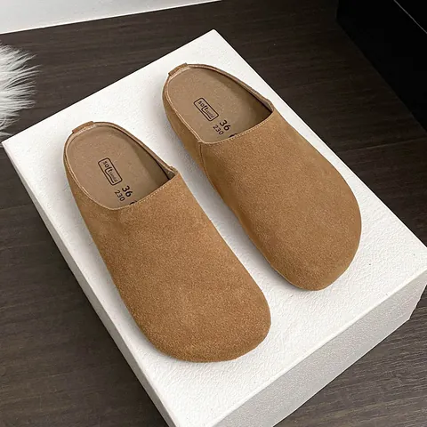 Women's Cowhide Leather Closed Toe Mules Platform Birkenstock Style Suede Casual Slippers With Buckle Strap Retro Soft Sandal