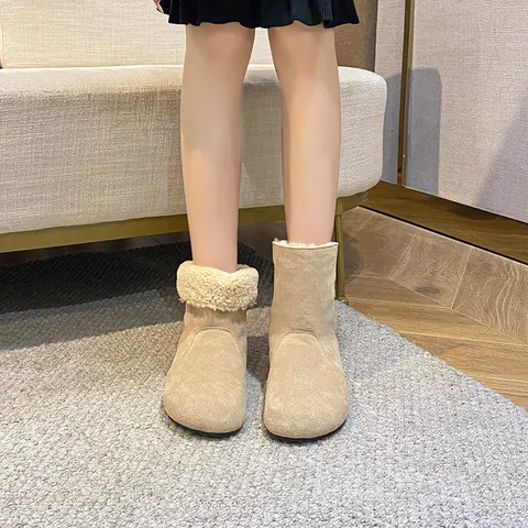 Women Genuine Leather Snow Boots Warm Faux Fur Lined Short Boots Flat Round Toe Casual Winter Outdoor Fleece Ankle Boots