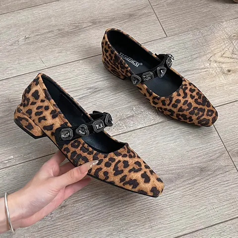Women Vintage Suede Mary Jane Shoes Leopard Print Rhinestone Heart Buckle Square Toe Flat Casual Slip On Low Heel Shoes