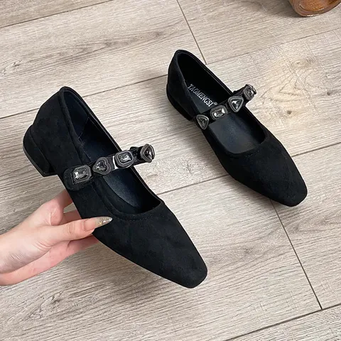 Women Vintage Suede Mary Jane Shoes Leopard Print Rhinestone Heart Buckle Square Toe Flat Casual Slip On Low Heel Shoes
